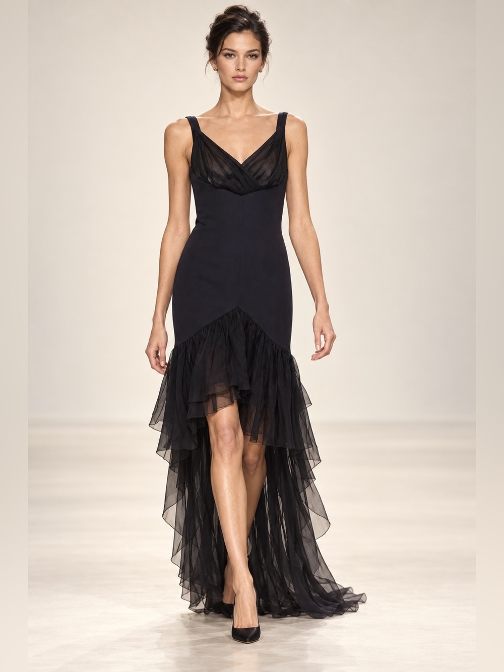 Vintage Chanel Boutique Navy Black Chiffon High Low Dress LC
